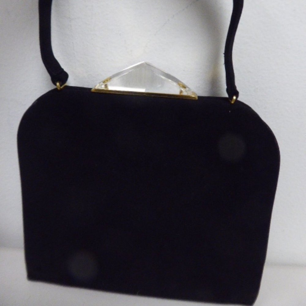 Koret black suede lucite dress bag purse Vintage gold accents party